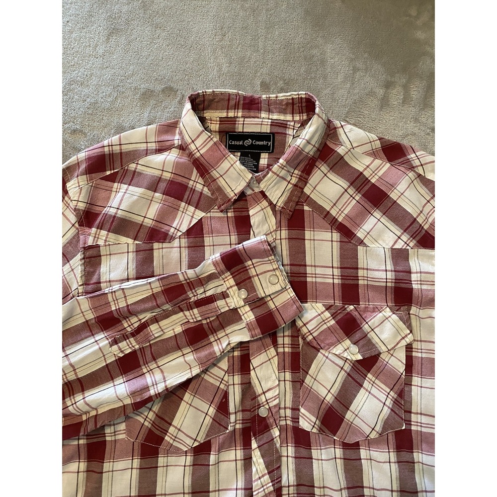 Casual Country Shirt Mens Large Red‎ White Plaid Western Pearl Snap Long Sleeve